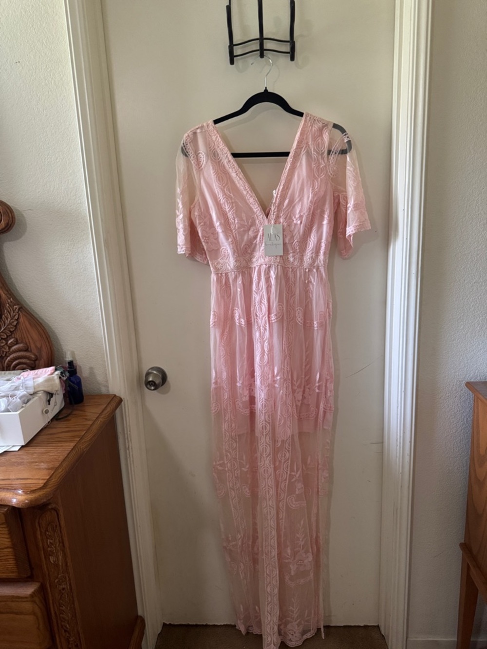 Sheer Pink Lace Maxi Dress with V-Neck size M